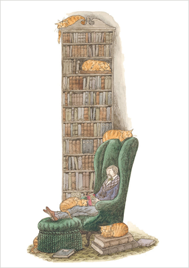 Edward Gorey: Bibliophile with Cats Notecard – Pomegranate