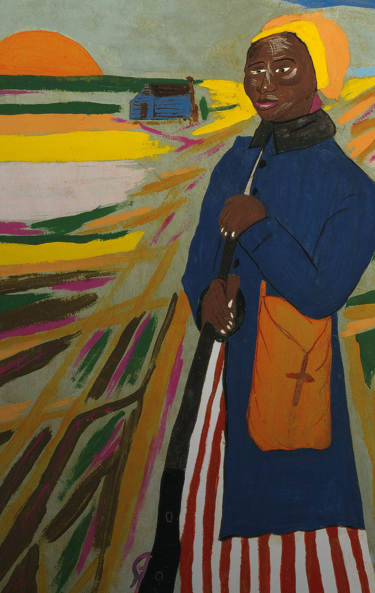 Painting by William H. Johnson of Harriet Tubman against a colorful background
