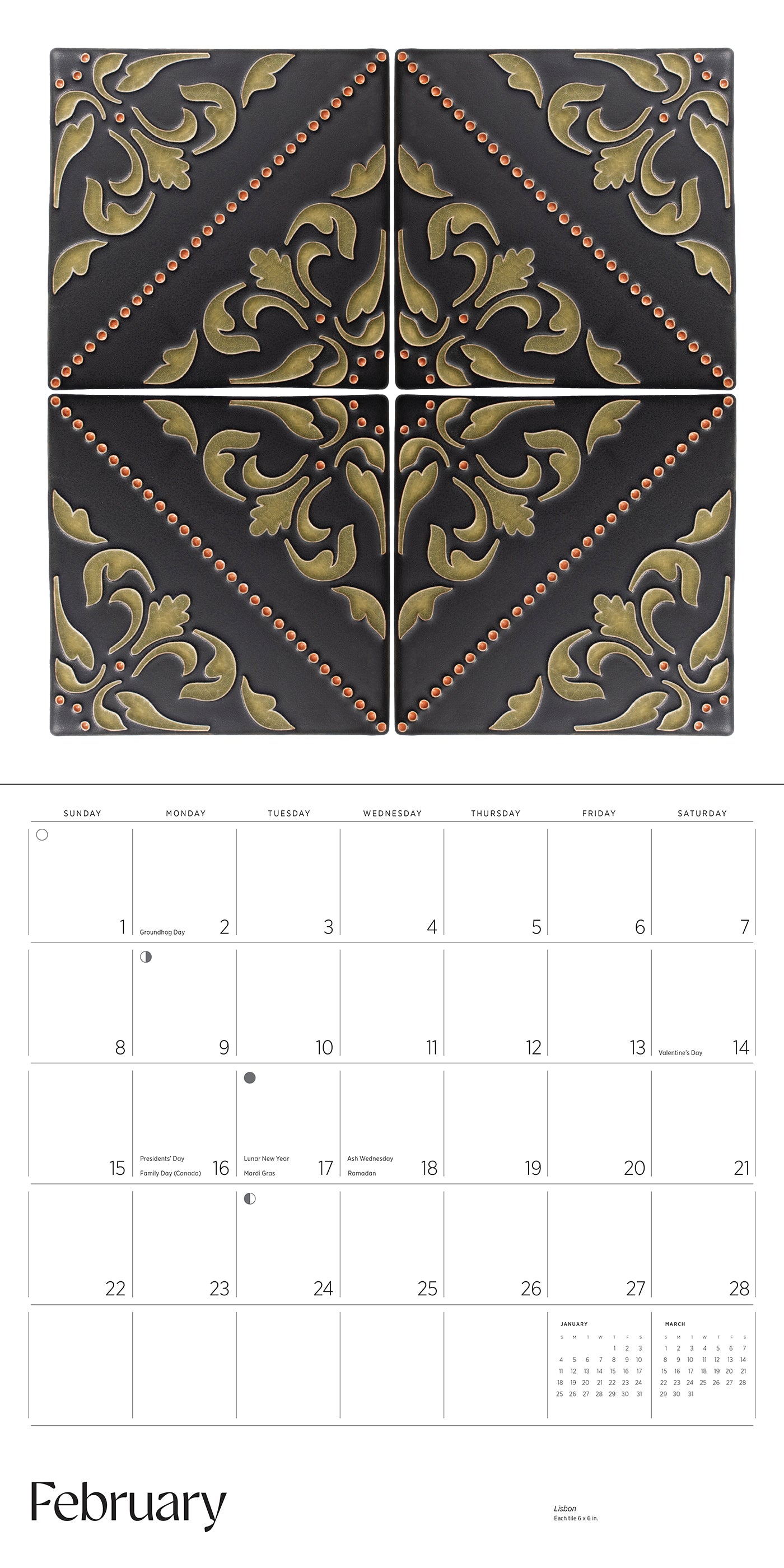 Arts & Crafts Tiles: Made by Motawi Tileworks 2026 Wall Calendar_Interior_2