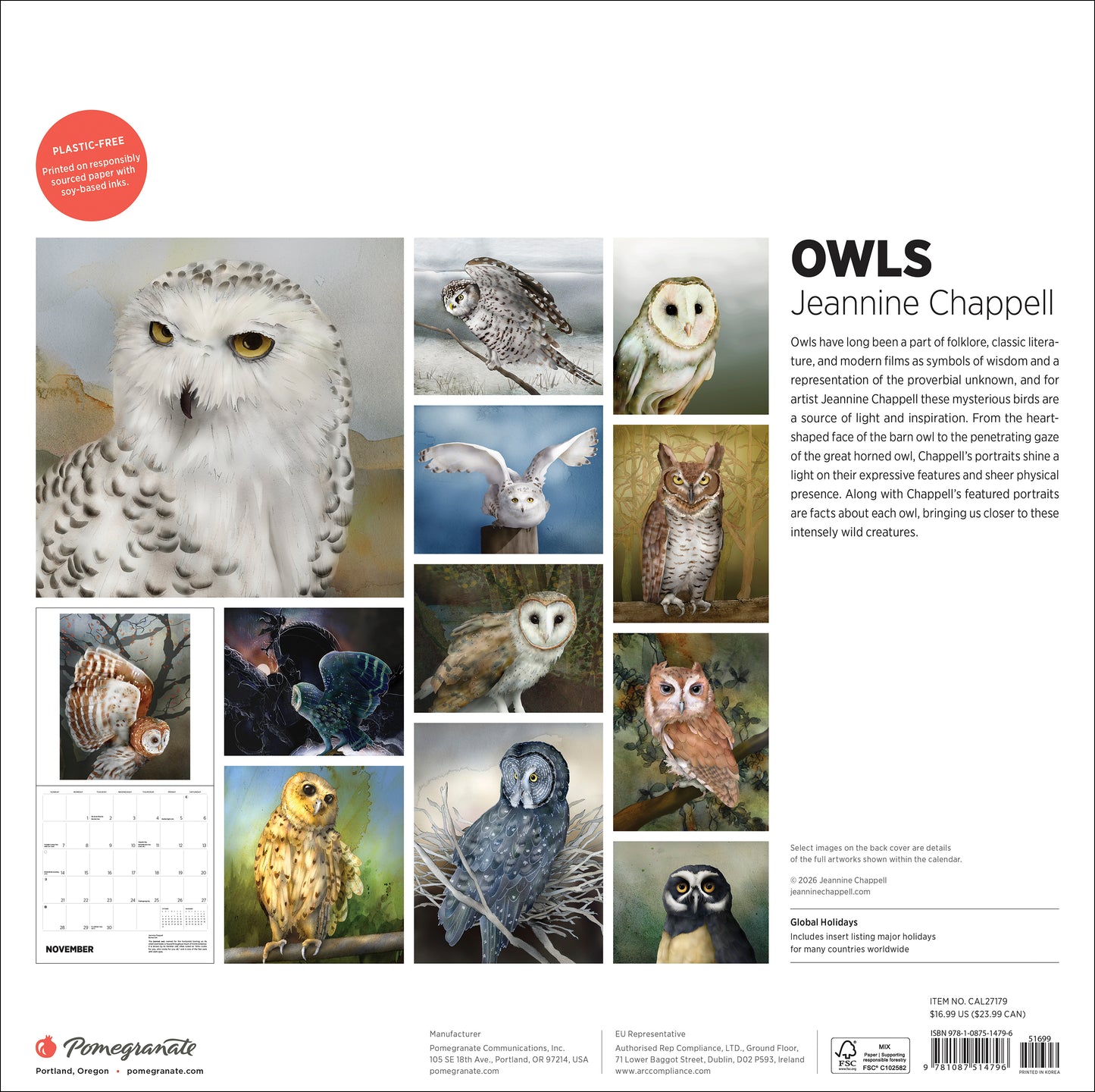 Owls: Jeannine Chappell 2027 Wall Calendar_Back_Multipiece