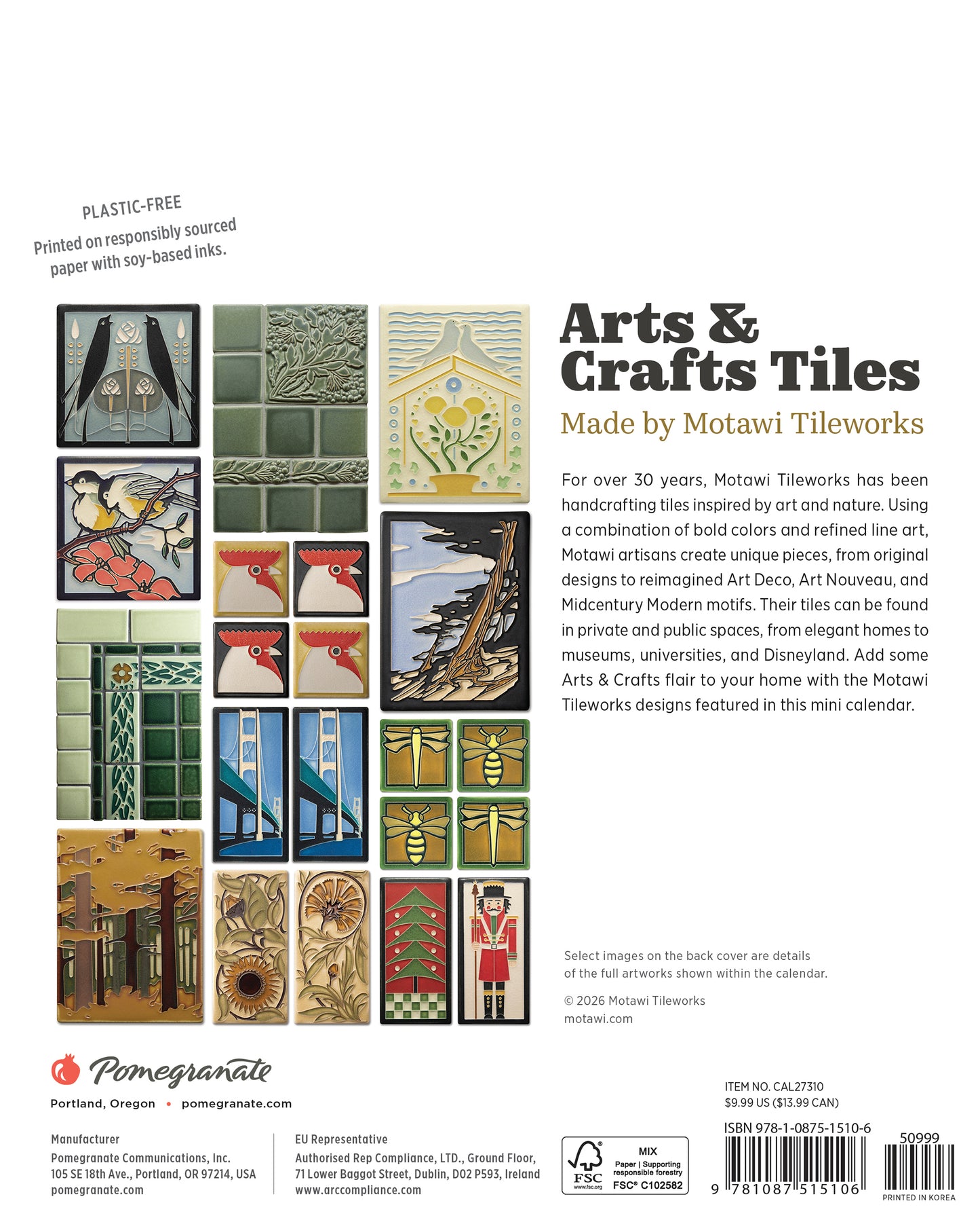 Arts & Crafts Tiles: Made by Motawi Tileworks 2027 Mini Wall Calendar_Back_Multipiece