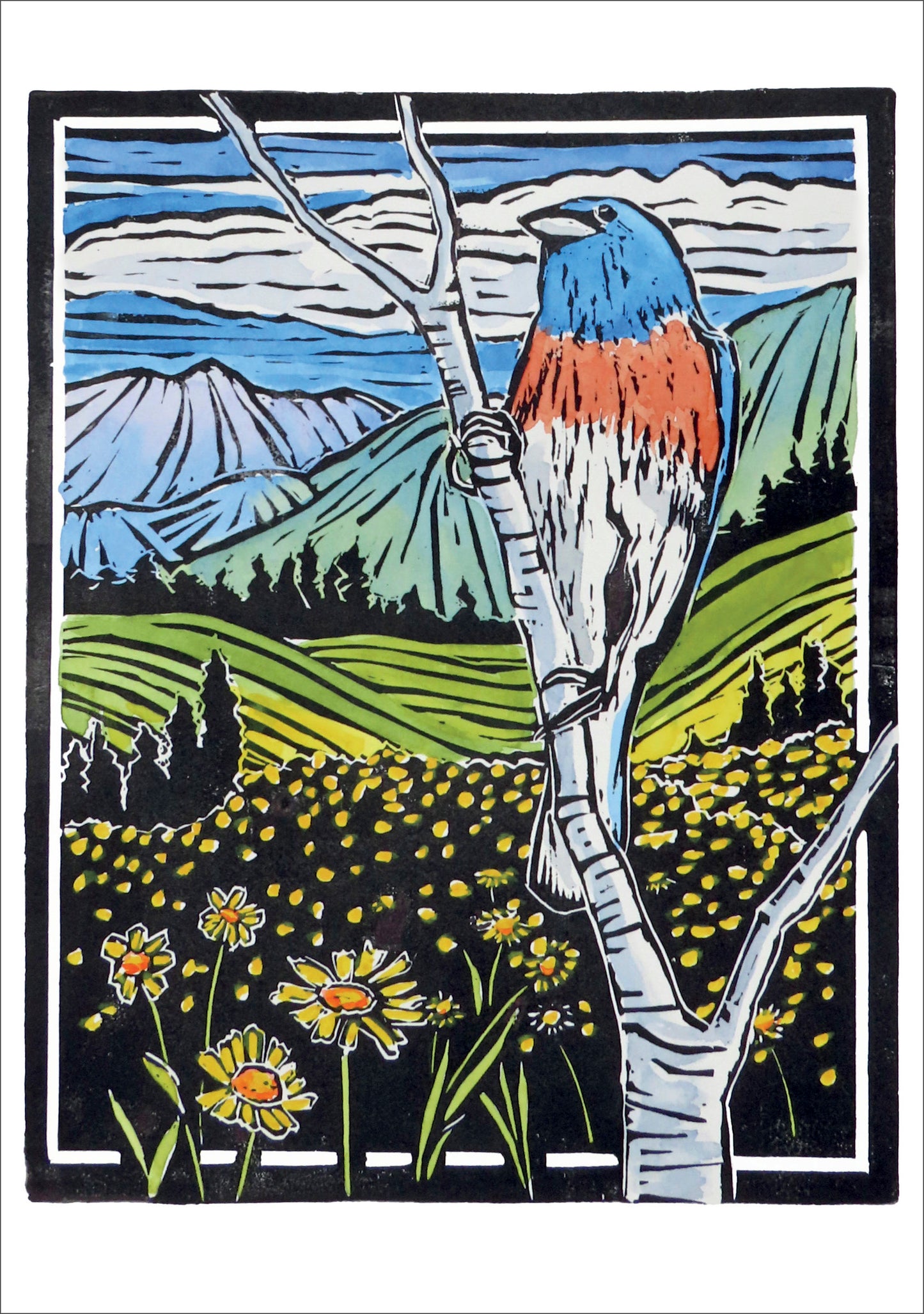 Molly Hashimoto: Lazuli Bunting and Blanket Flower Notecard_Front_Flat