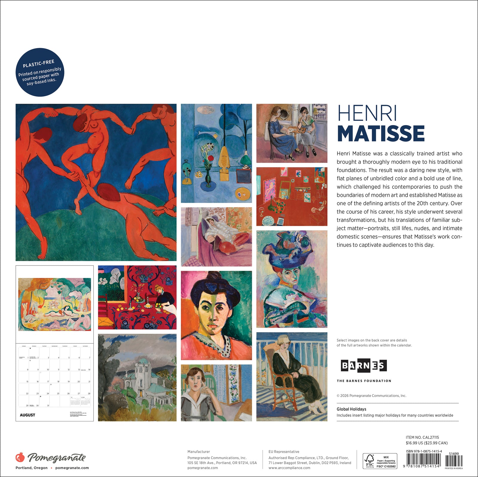Henri Matisse 2027 Wall Calendar_Back_Multipiece