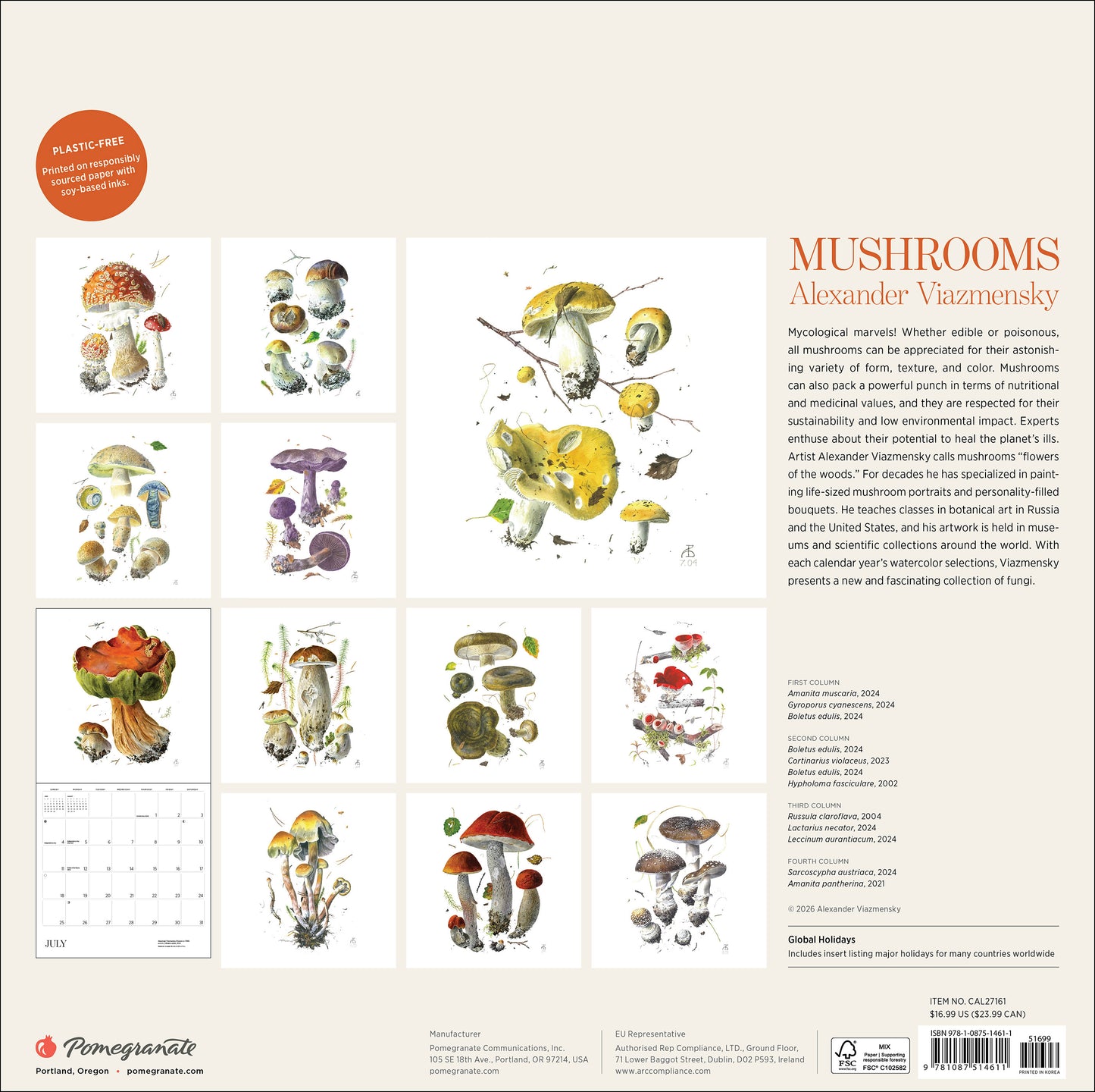 Mushrooms: Alexander Viazmensky 2027 Wall Calendar_Back_Multipiece