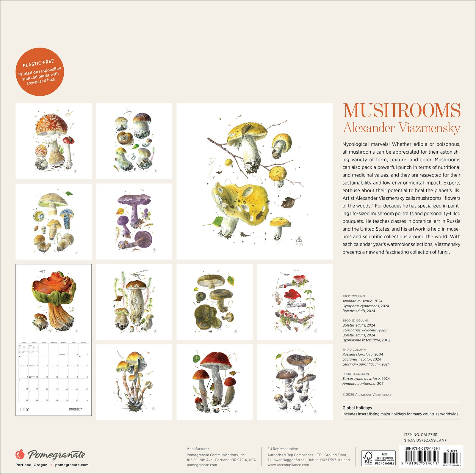 Mushrooms: Alexander Viazmensky 2027 Wall Calendar_Back_Multipiece