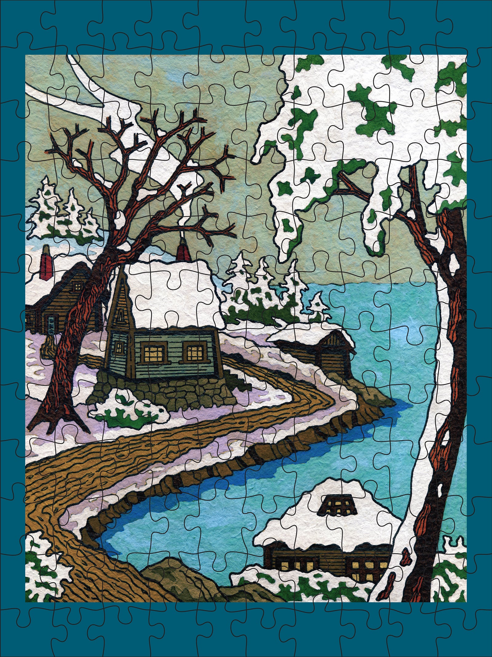 CJ Hurley: Snowy Cabins 120-Piece Double-Sided Jigsaw Puzzle Set_Interior_1