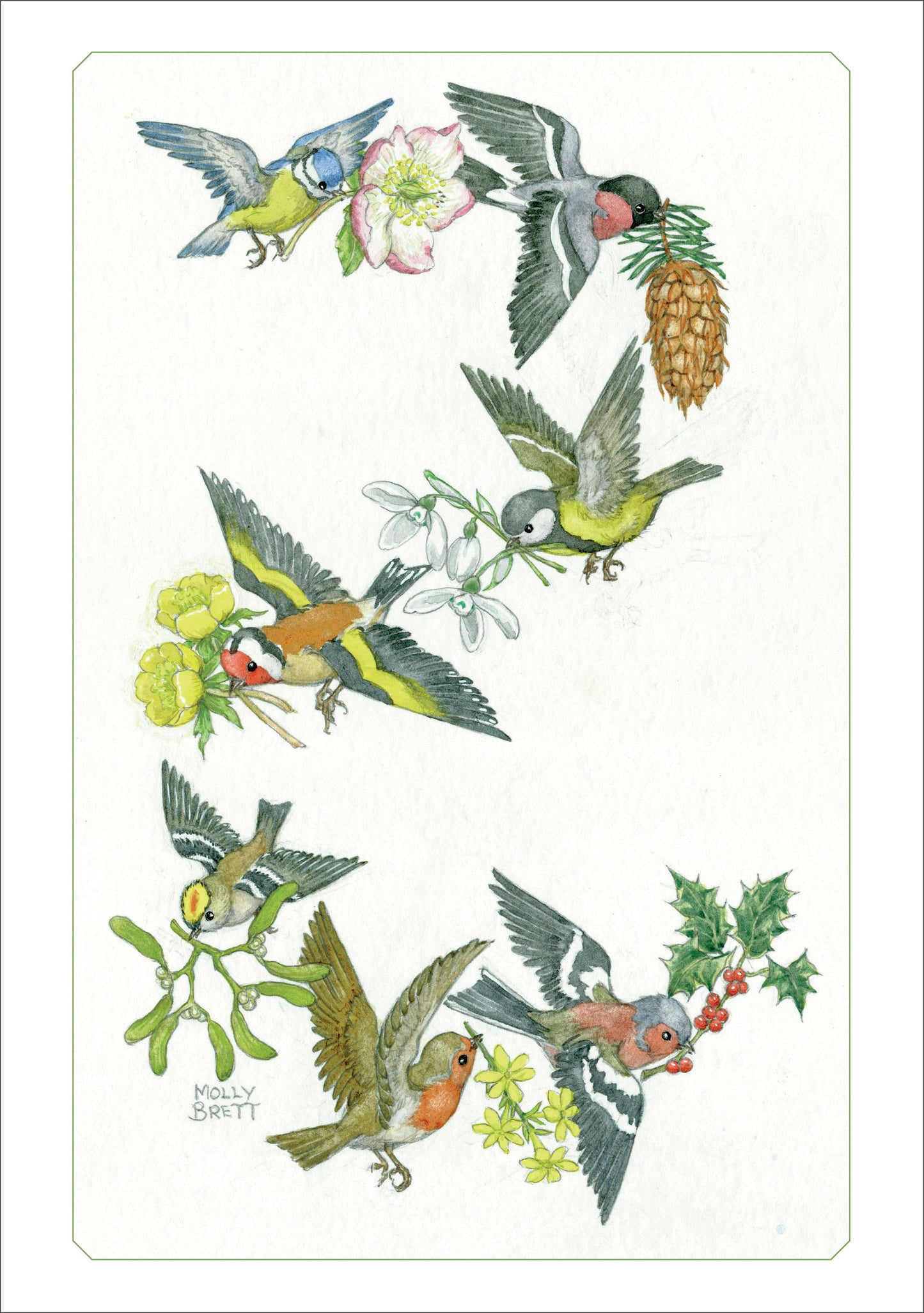 Molly Brett: Birds Delivering Festive Flowers Notecard_Front_Flat