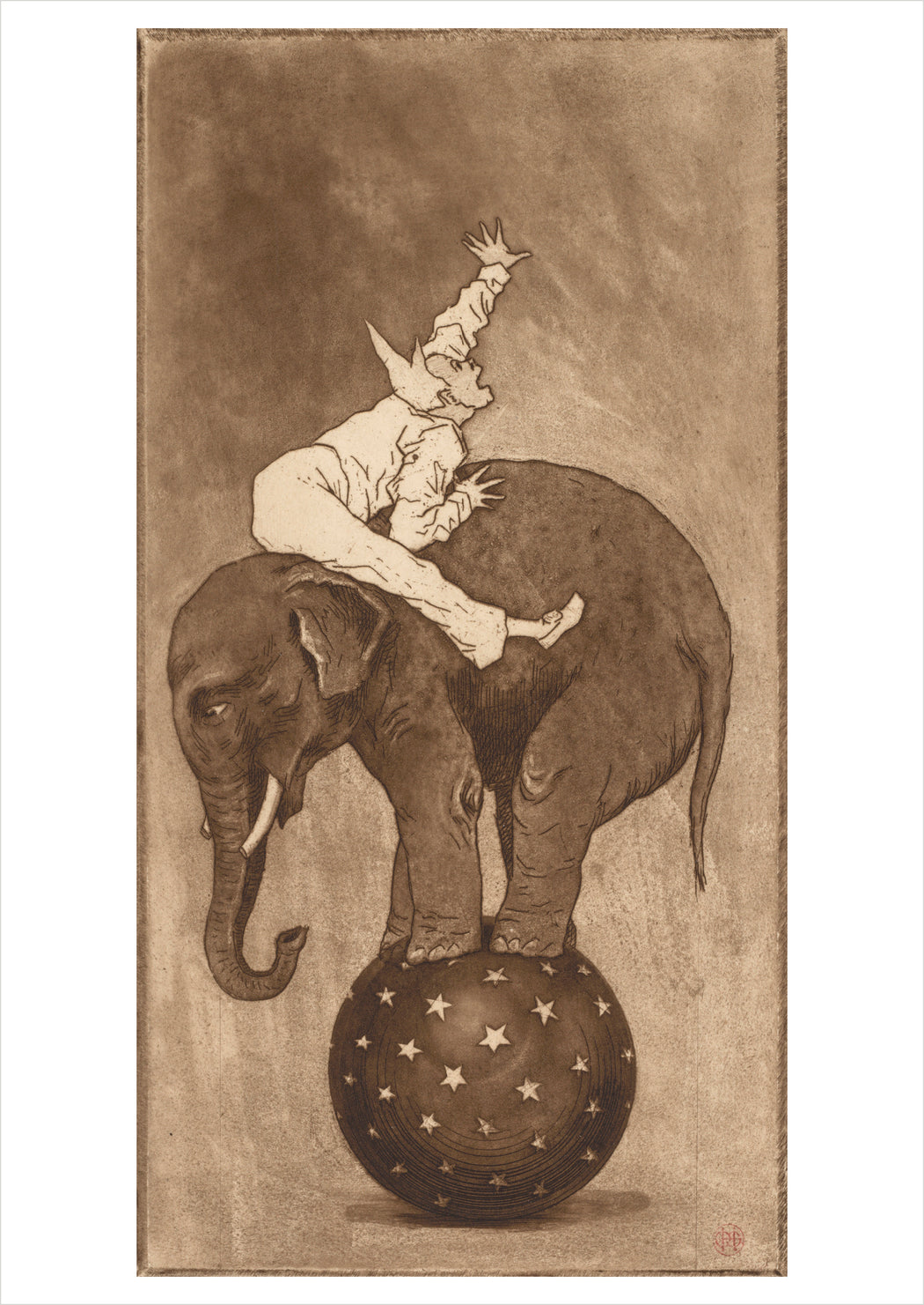 Henri Charles Guérard: Elephant and Clown Postcard_Front_Flat