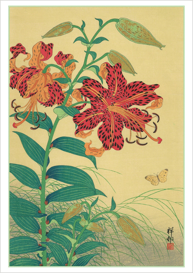 Ohara Koson (Shōson): Tiger Lilies and Butterfly Notecard_Front_Flat