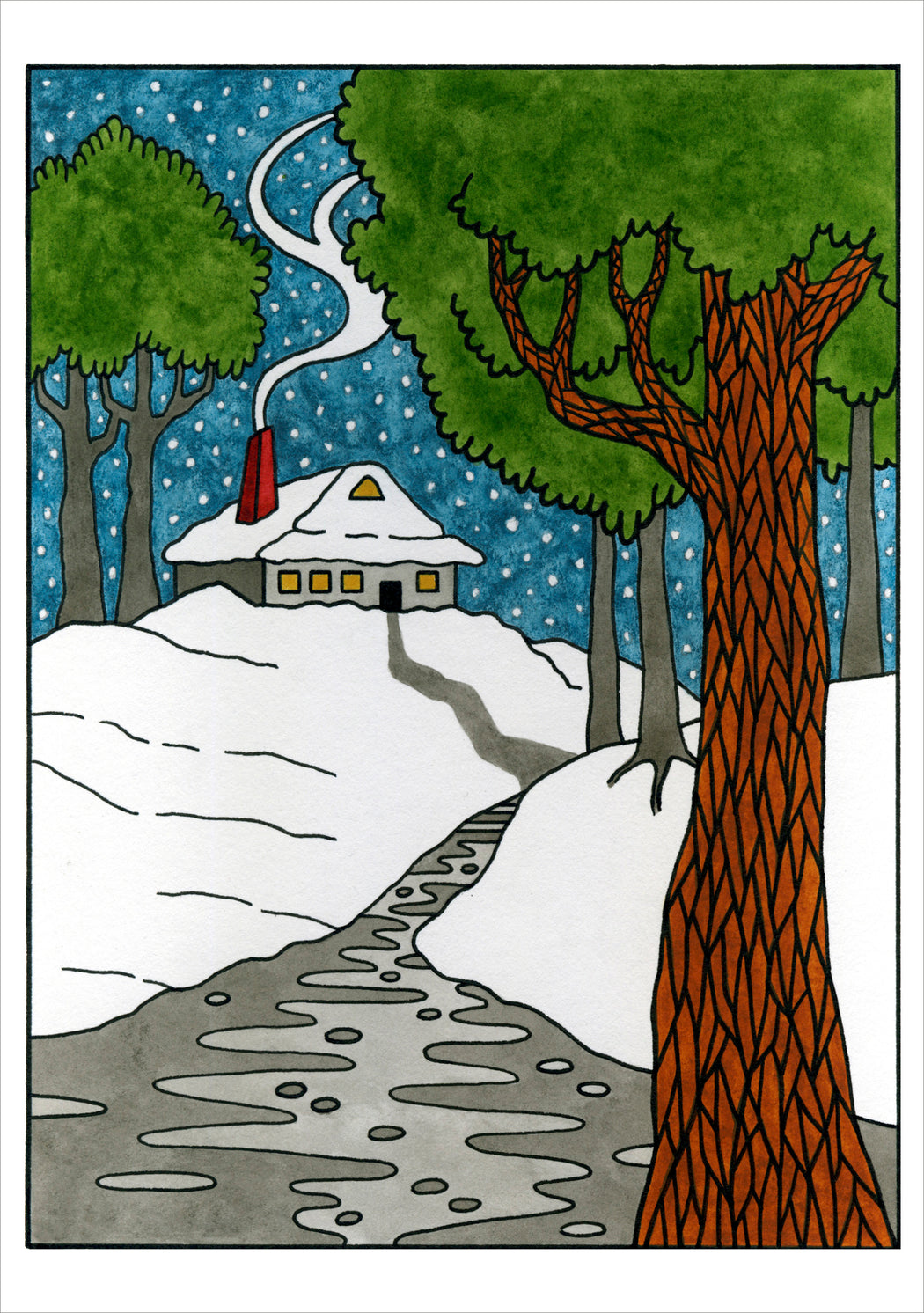 CJ Hurley: Creekside House Nestled in Snow Holiday Cards_Interior_1