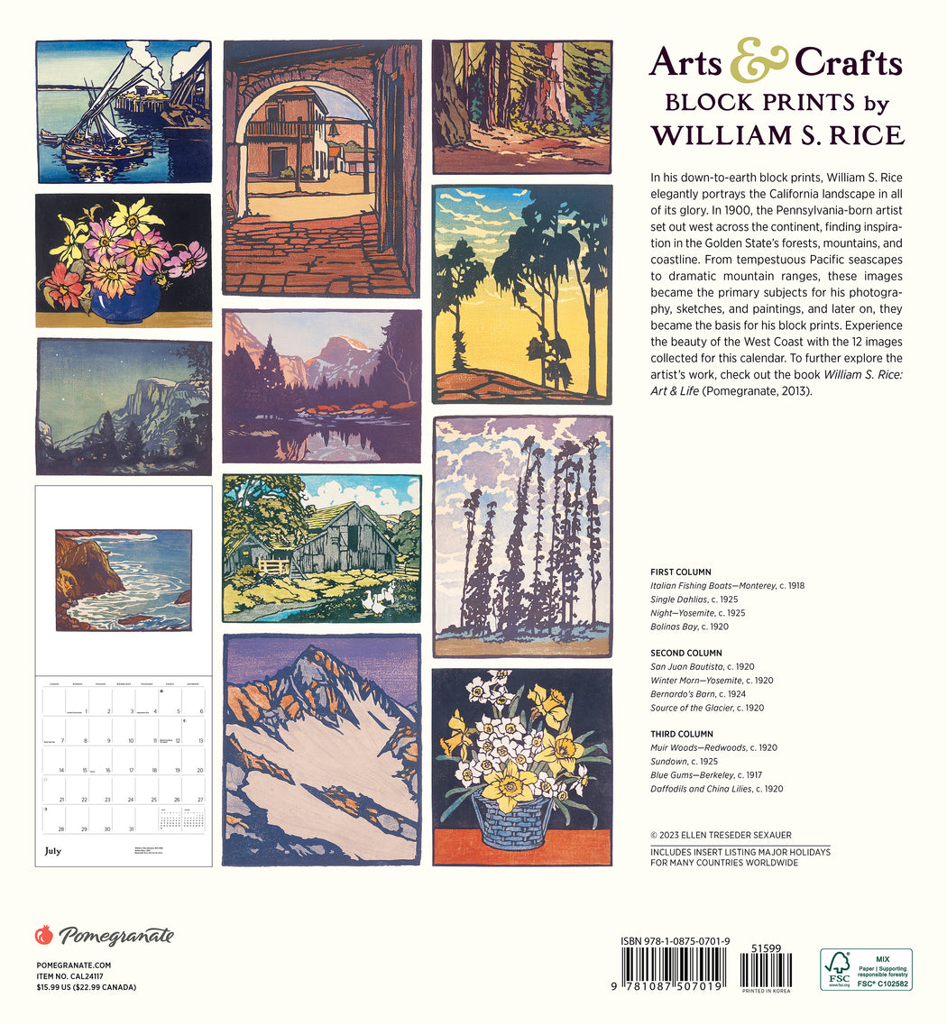 Arts & Crafts Block Prints by William S. Rice 2024 Wall Calendar_Back_Multipiece