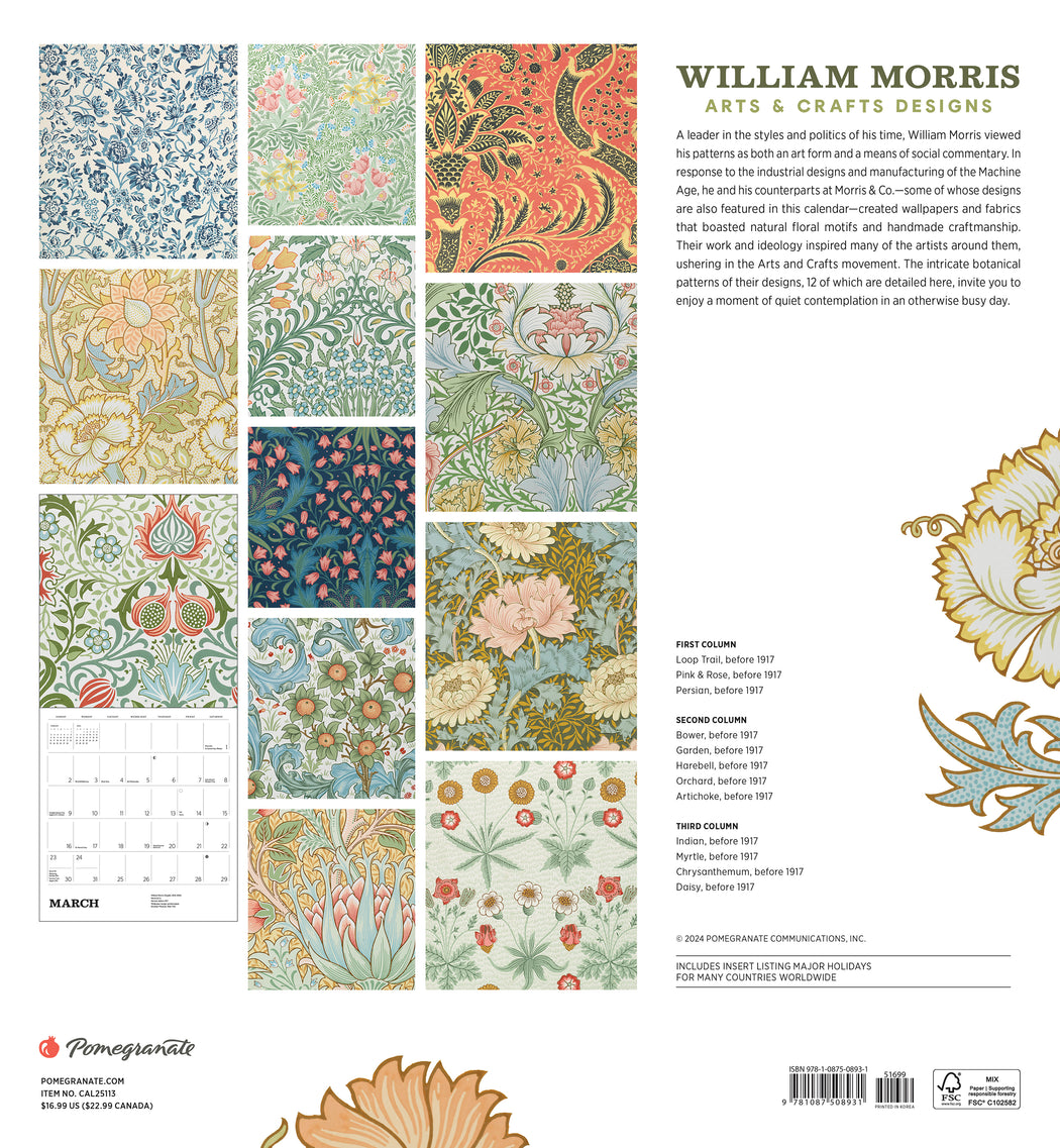 William Morris: Arts & Crafts Designs 2025 Wall Calendar_Back_Multipiece