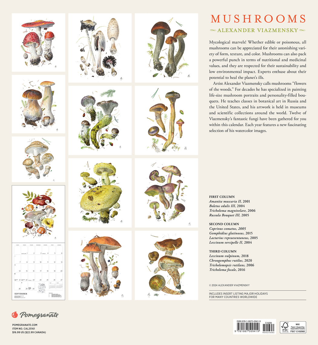 Mushrooms: Alexander Viazmensky 2025 Wall Calendar_Back_Multipiece