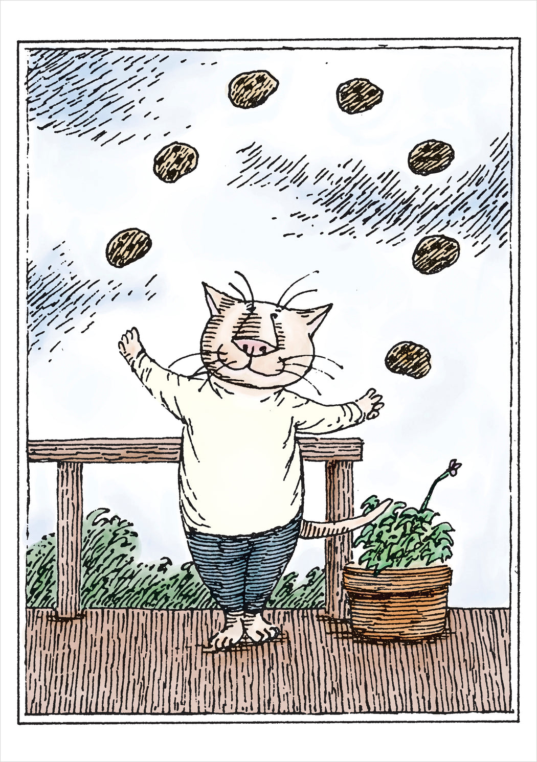 Edward Gorey: Cat Juggling Cookies Birthday Card_Front_Flat